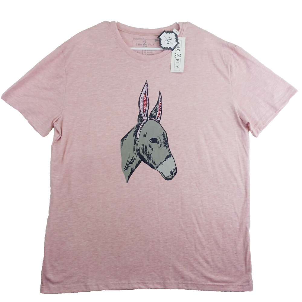 T-Shirt Women Pink Easter Bunny Donkey Democrat Cute Kawaii Rhinestone Size XL
